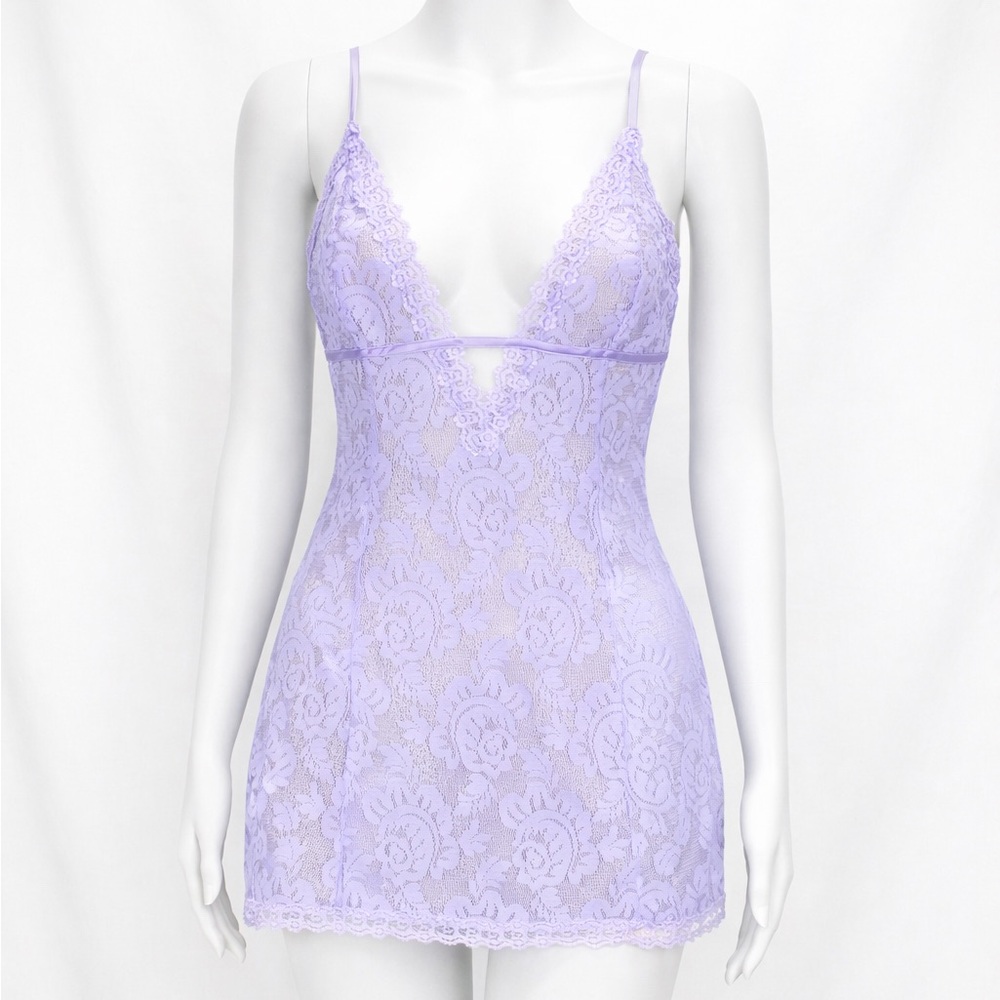 Y2K Victoria’s Secret lavender plunge lace lingerie slip dress